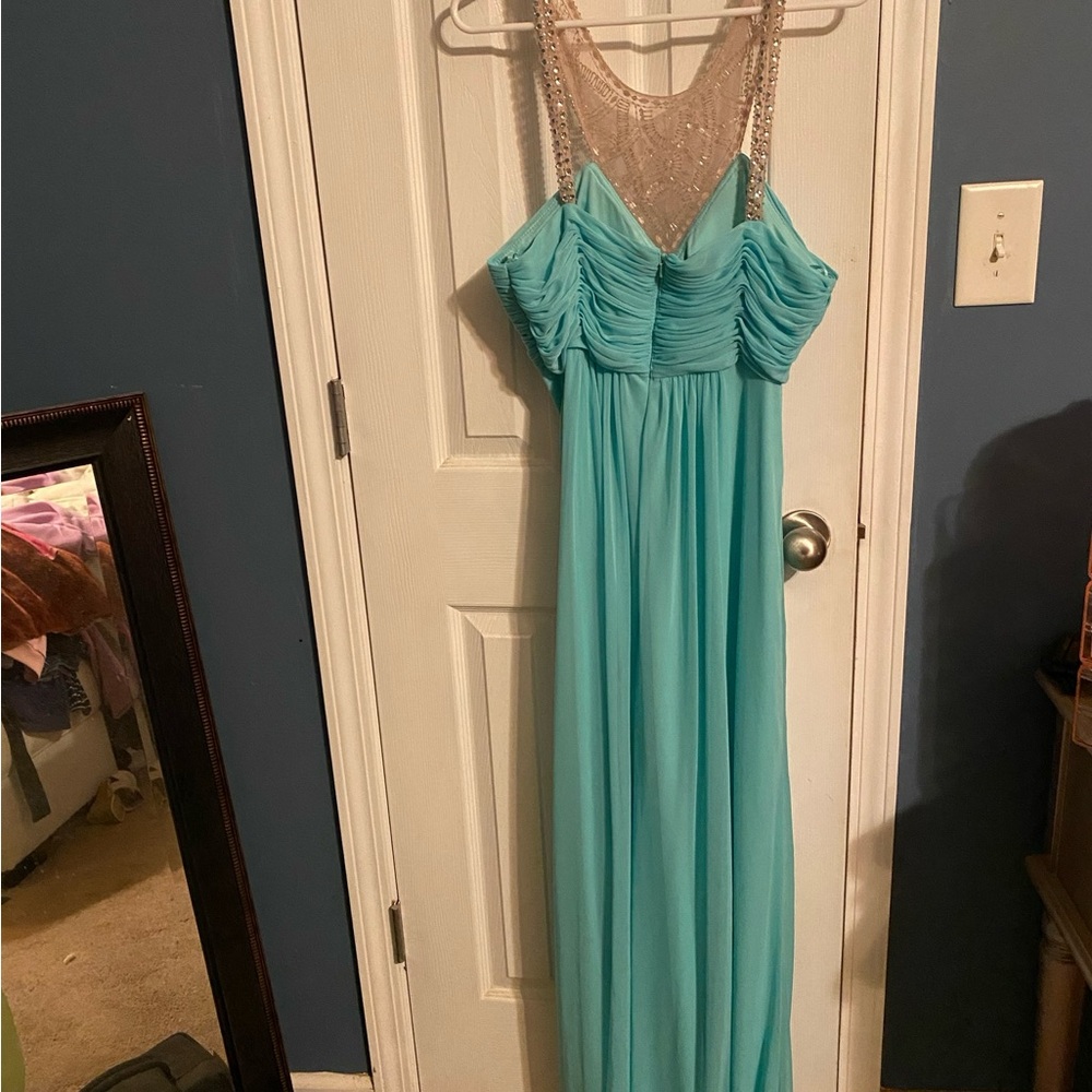 Xscape Aqua Dress with Beaded Straps - Picture 3 of 9